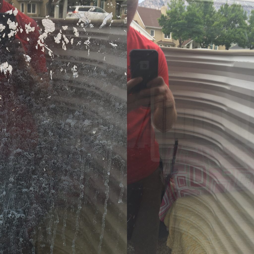 A before and after picture of a dirty window that was professionally cleaned