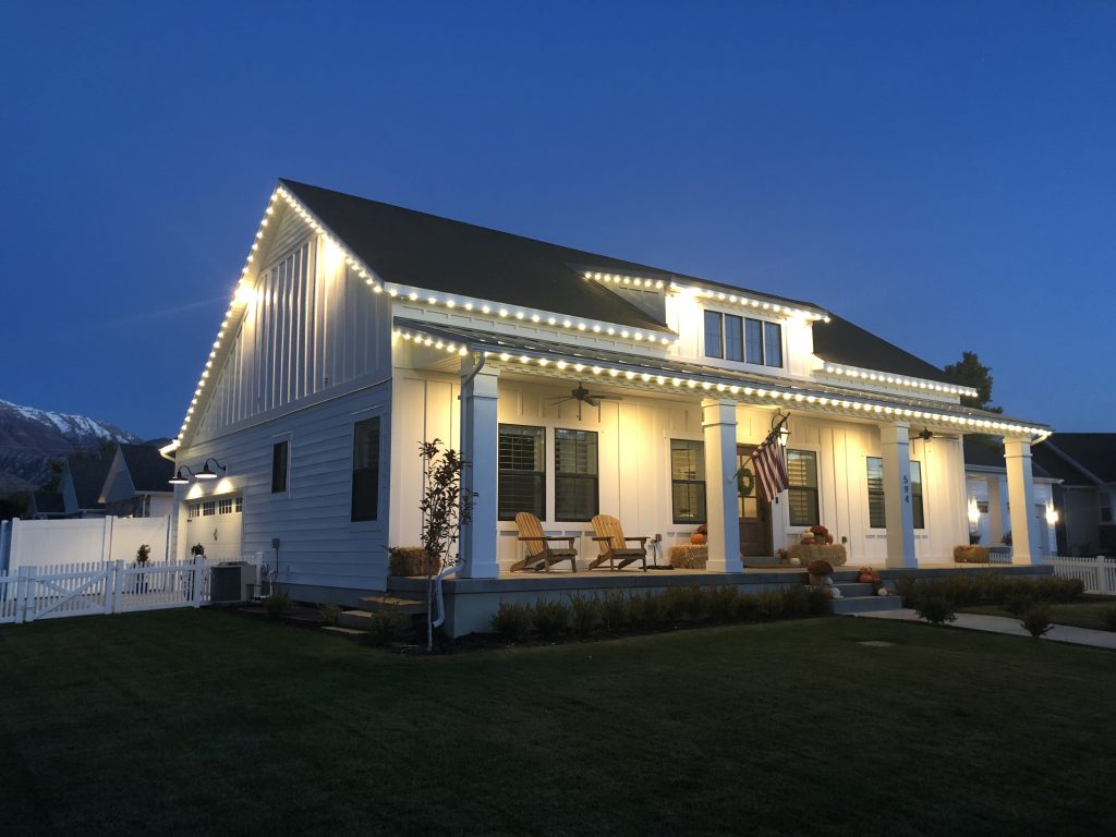 A festive American home with white Christmas lights